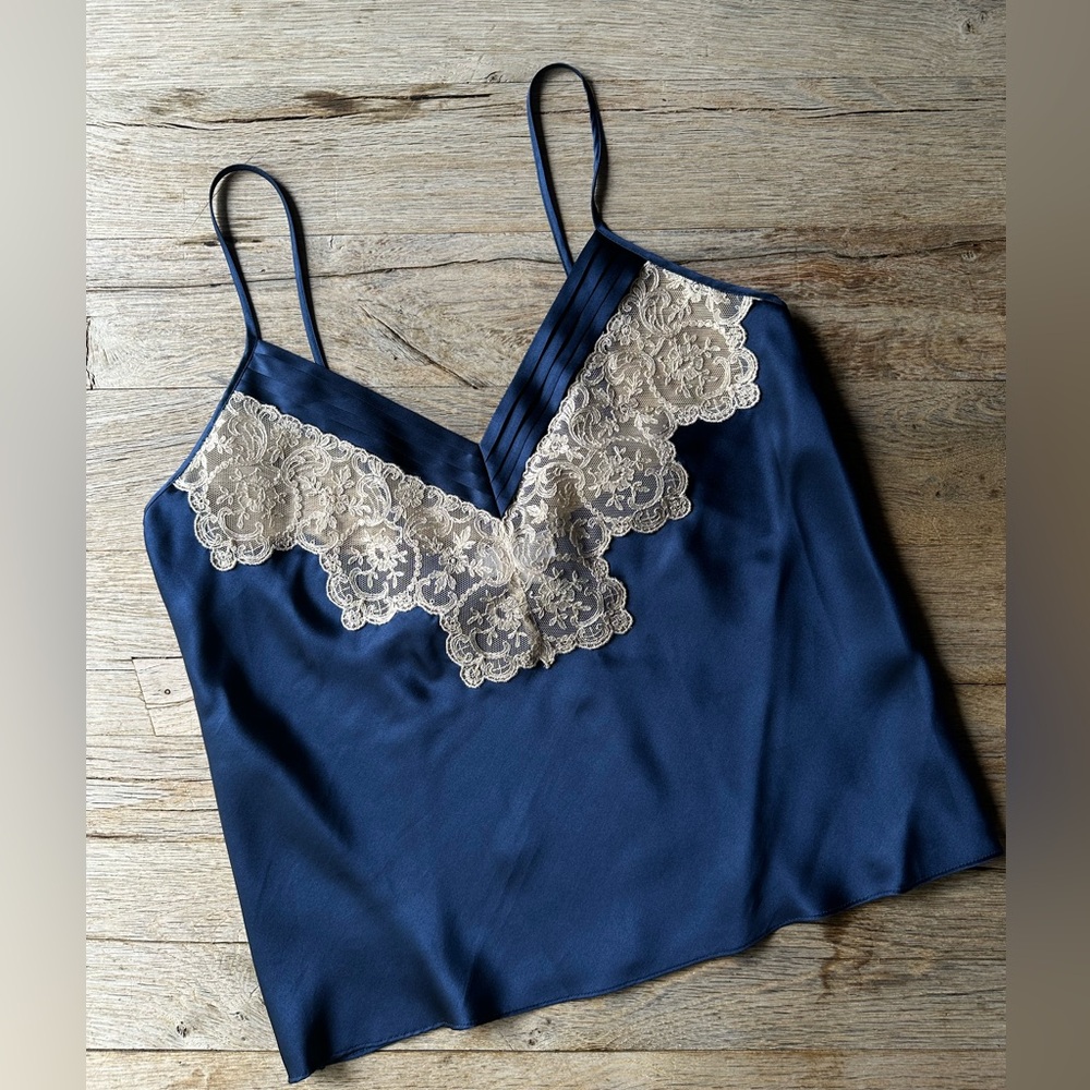 Vintage Morgan Taylor Camisole 100% Silk / Dark Blue / Ivory Lace / Size Small - Picture 3 of 8